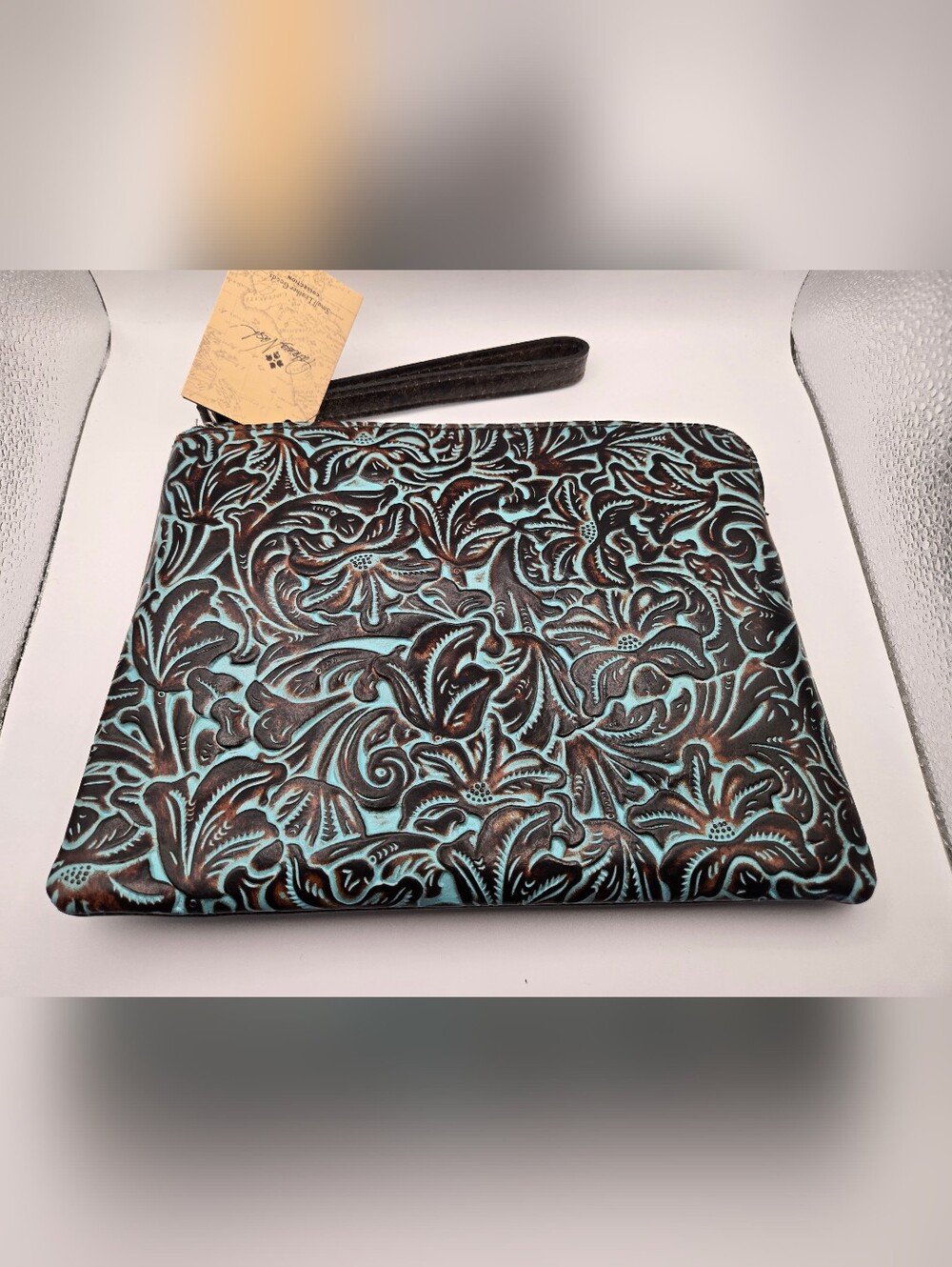 Patricia Nash Cassini Tooled Turquoise Wristlet Dust Bag Floral Clutch Western
